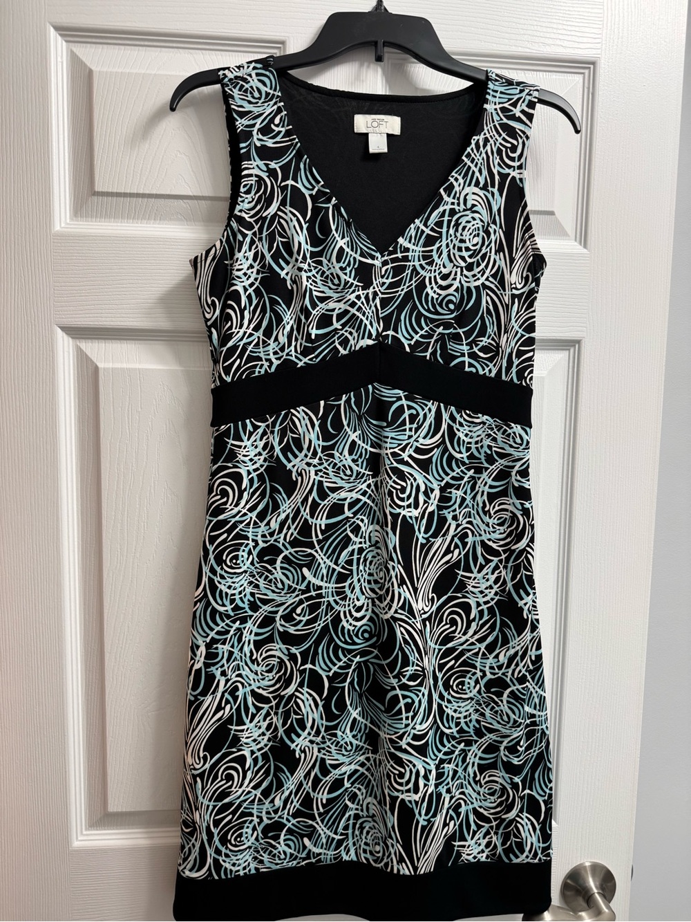 LOFT Black Dress with Teal & White Swirl Print